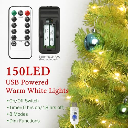 HMASYO 5ft Whimsical Artificial Christmas Tree with 150 LED Timer Lights, Lime Green Bendable Christmas Tree with Ball Ornaments & Metal Base Holiday Decor for Home, Office, Party, Easy Assembly by HMASYO - Image 3