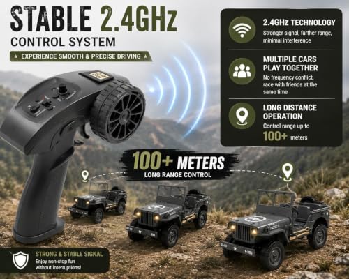 Image of 1:12 Remote Control Willys Military Car, 2.4GHz 4WD Off Road RC Rock Crawler with Rechargeable Battery, LED Lights, All Terrain Remote Control Car for Kids & Adults (Multicolor)