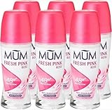 Mum Lot de 6 déodorants à bille parfumés Fresh Pink Rose, protection plus 48 heures, déodorant pour femme, sans alcool, anti-transpirant, végétalien, flacon en verre durable, parfum rose, 50 ml