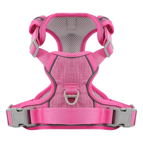 Belababy Arnés para perro, mediano, sin tirones, ajustable, suave, acolchado, con mango de fácil control, arnés reflectante con clip frontal, rosa, talla M