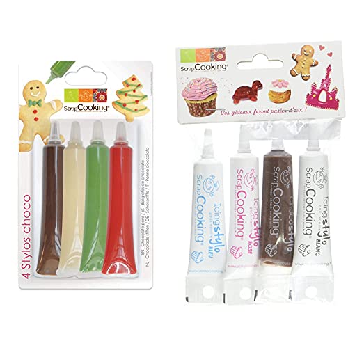 Scrapcooking 4 Stylo Choco/Rouge/Blanc/Vert/Choco & 4 Stylos Déco Blanc/Rose/Bleu/Marron, Chocolat, 4 x 20 g, 1 Unité