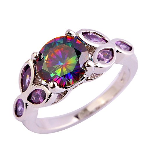 925 Sterling Silver Plated Round Simulated Rainbow Topaz Promise Ring for Her4