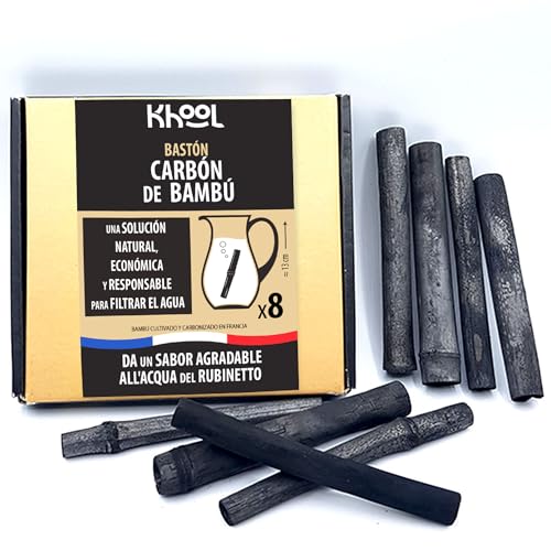 KHOOL | Pack de 8 palitos de carbón de bambú – Filtro natural para purificar el agua potable | 1 bastón = 1L | Para purificar y mejorar el sabor del agua en botella, jarra purificadora o cantimplora