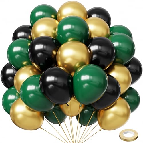 Image of Hiquaty Green and Gold Balloons,60pcs Dark Green Balloons,12 inch Gold Balloons and Black Balloons with Gold Ribbon for St. Patrick's Day Party Wedding Bridal Shower Decorations