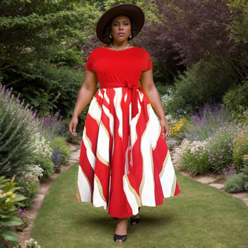 Image of Hostoyo Women Plus Size Formal A Line Maxi Dress Self Tie Waist with Pockets Elegant Round Neck Swing Long Dresses
