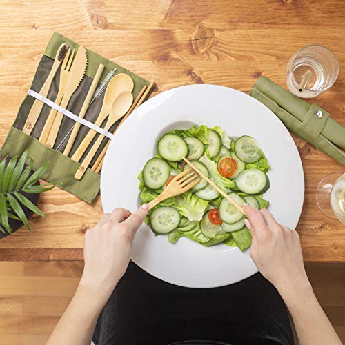 Greenzla 2-Pack Bamboo Utensils Set | With Bonus 2 Bamboo Toothbrushes | Natural Bamboo Straw, Spoon, Fork, Knife, Teaspoon, Chopsticks, Brush & 2 Storage Bags | Reusable Bamboo Cutlery Set #TOP3