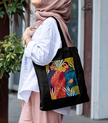 Image of ZORI Black Tote Bag With Pocket Printed Designed Canvas Tote Bags For Women large capacity,Tote bag For Shopping, College, Travel, More Canvas Handbag For Unisex Bag
