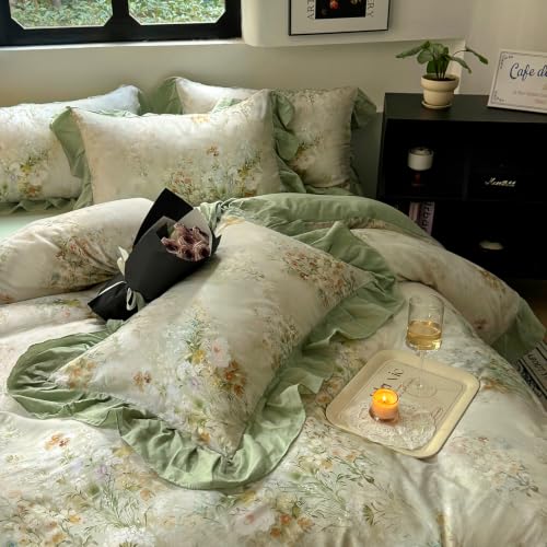 Image of VM VOUGEMARKET Romantic Ruffle Floral Duvet Cover Set Twin Sage Green