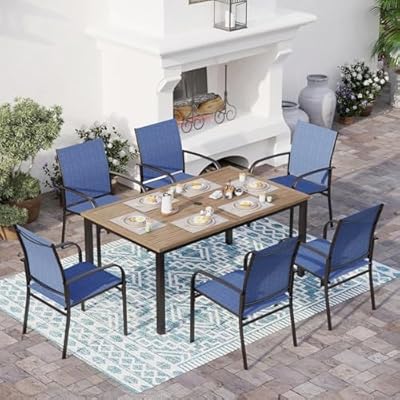 SUNSHINE VALLEY 7 Piece Outdoor Dining Set, Rectangular Wood-Like Table with Umbrella Hole, Patio Dining Set for Outdoor Kitchen Lawn Garden,Backyard,Deck