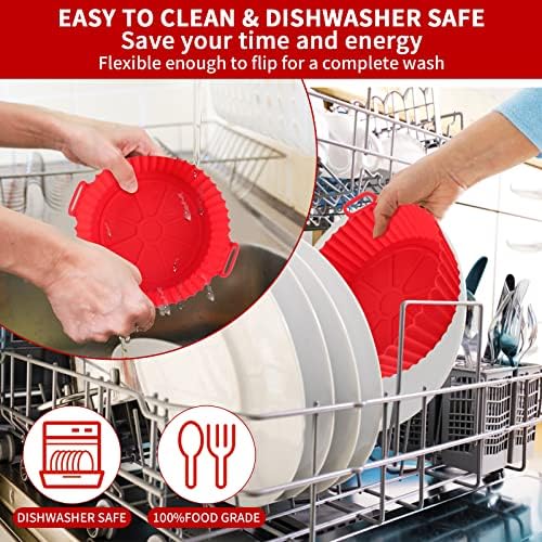 Silicone Air Fryer Liners Reusable Air Fryer Silicone Basket Pot 8 inch Airfryer Silicone Liners Baking Tray Air Fryer Accessories Mats Non-Stick Heat Resistant for Baking Roasting Oven (Red + Gray)