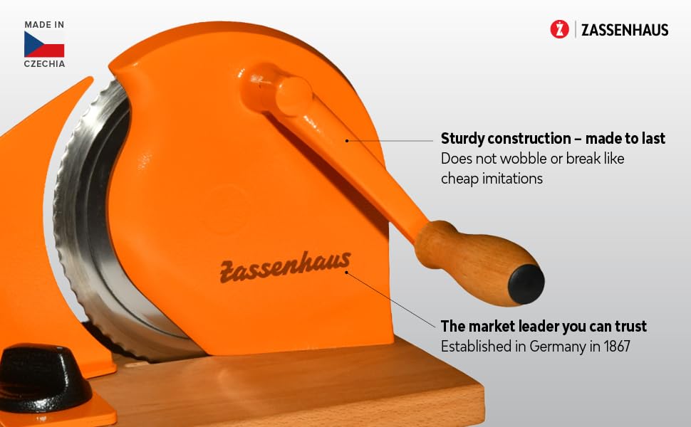 Image of Zassenhaus Original Classic Adjustable Bread Slicer for Uniform Slices - Bread Slicer for Homemade Bread - 18 /8 Stainless Steel Blade Sourdough Cutter -Orange, 11.75 inch x 8 inch