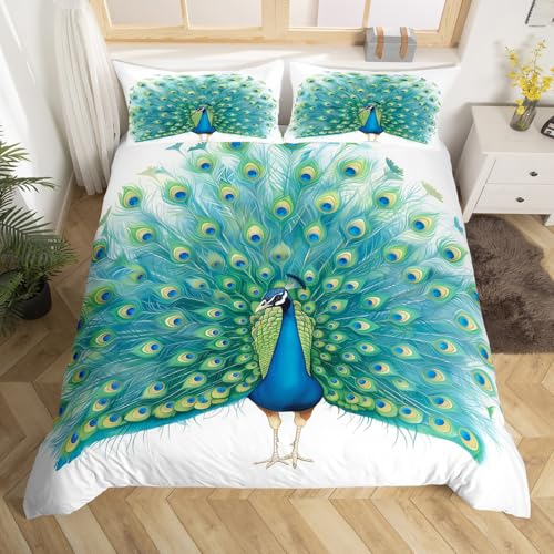 Erosebridal Peacock Bedding Set Cute Animal Hand Drawn Comforter Cover for Kids Boys Teens, Aesthetic Peacock Feather Printed Duvet Cover Wildlife Bed Set, Wild Animal Room Decor King Size Blue White