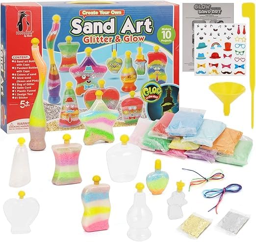 Kids Mega Sand Art Craft Set, DIY Creation Kit With 10 Bottles and Pendants, Complete Art Supplies for Children