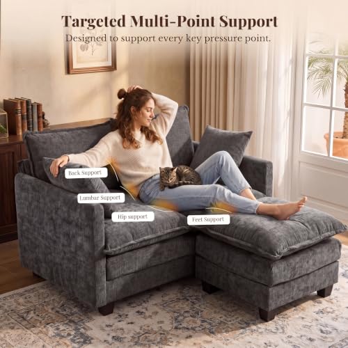 Image of KYJ Loveseat Sofa with Ottoman, Cloud 3 Layer Cushion Love Seat Couch | 50 inch Chenille Small Sofa, 27 inch Deep Seat, 2 Washable Pillow, in a Box for Bedroom & Living room, Singles, Couple & Kid, Grey