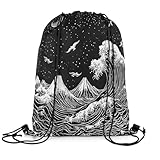 jejeloiu Mochila japonesa com cordão ondulado 33 cm x 39,9 cm Monte Ukiyoe japonês Fuji Sports Gym String Bag Ocean Wave Bird, Preto e branco, 13x15.7inch, Ondulado