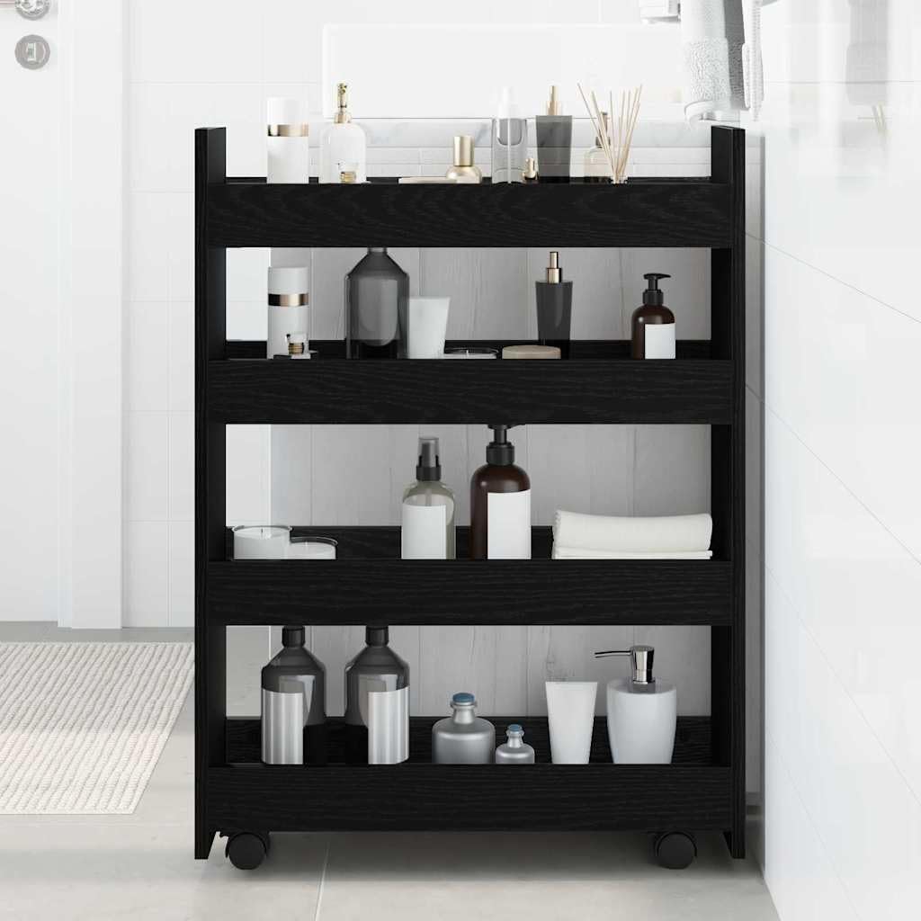 Schmaler Aufbewahrungswagen Holzwerkstoff Schwarz Eichen-Optik 60x20x82 cm mit Rollen und Bremsen, mobiler Rollwagen für Küche, Nischen, Arbeitsplatte, Organizer und Stauraum