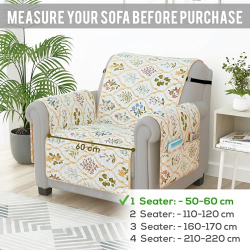 Image of Story@Home Quilted Sofa Cover 1 Seater Fully Covered Stretchable Microfiber Sofa Cover 1 Seater 60x175cm Beige & Green Floral & Motif 1 Seater Sofa Cover for Living Room|Create Your own Customized Set