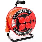 KEL -ELECTRIC - Tambor de cable para jardín con 10 m de PVC - Cable 3 x 1,5 mm², 230 V/16 A - Cable alargador de plástico con 4 enchufes de protección IP44