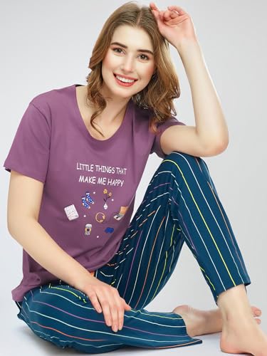 Image of ZEYO Night Suit for Women's Stripe Printed Cotton Night Dress of Top and Pajama Set 5769