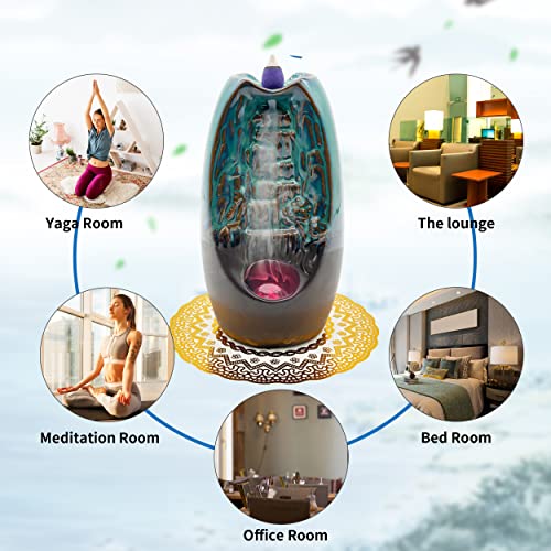 Zvaiuk 2 Sides Led Waterfall Incense Burner，Ceramic Backflow Incense Holder , Fountain Smoke Incense Holder With 120 Incense Cones & 50 Incense Stick, Aromatherapy Ornament Home Decor(Blue) #TOP3