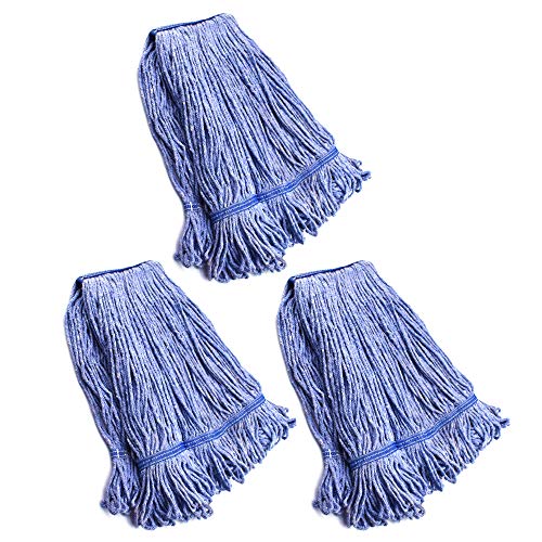 Image of String Mop Heads Replacement Heavy Duty Commercial Grade Blue Cotton Looped End Wet Industrial Cleaning Mop Head Refills (3, Large)