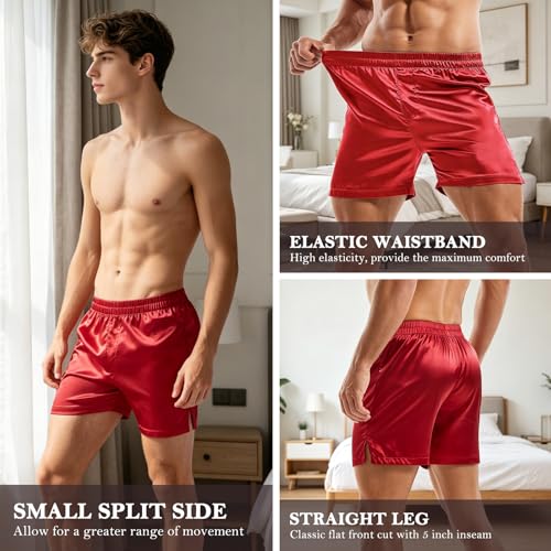 Image of AMY COULEE Mens Satin Boxer Shorts Silky Lightweight Pajama Bottoms Split Side Lounge Sleep Shorts