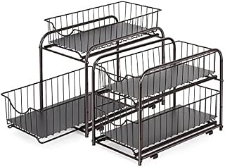 2 Pack - MOOACE 2 Tier Under Sink Storage, Stackable Basket Organizer with Sliding Storage Drawer for Kitchen Bathroom Pantry Cabinet, Brown