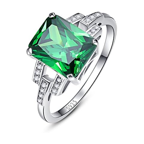 Bonlavie Solid Sterling Silver Emerald Cut Created Green Emerald Cubic Zirconia Solitaire Engagement Ring Size M 1/2 Cover