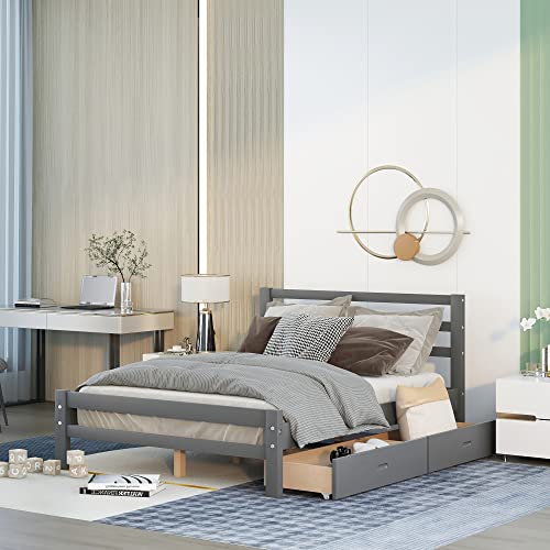 Full Bed with Drawers Wood Platform Bed Frame with Headboard and Footboard Wooden Gray Captain Bed for Boys, Girls, Kids, Teens and Adults