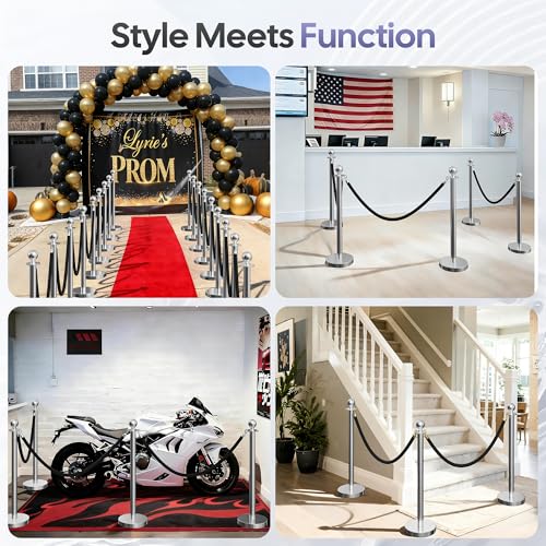 Image of 8 Pack Silver Stanchions and Velvet Ropes Set, Stainless Steel Crowd Control Barriers, 4Pcs Black Ropes and Poles for Party Supplies,Photobooth Accessories,Prom,Birthday,Business,Wedding, Museums