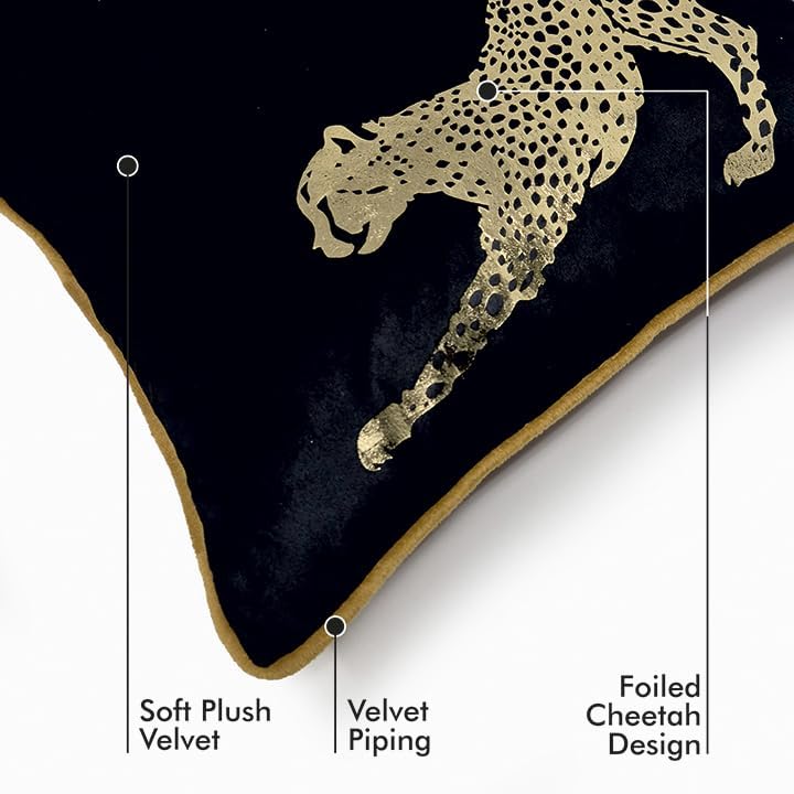 Image of Black Velvet Cushion Cover Set of 2 | 16x16 Inch | Gold Leopard Cheetah Print | Fancy Designer Sofa Cushion Covers | Animal Print Velvet Cushion Cover for Living Room Bedroom