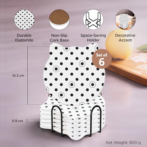 Image of The Better Home Cat Coaster Set of 6 | Dining Table Decor | Cups, Mugs, Glasses | Cork Steel Holder | Home Decor | Fast Absorbing Heat Resistant