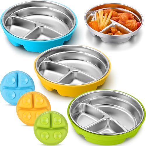 Image of Nuogo 3 Pcs Stainless Steel Baby Suction Plates with Removable Silicone Shell 2-in-1 Metal Toddler Bowl Divided for Picky Eaters Kid Feeding Led Weaning Supply, Dishwasher Safe (Yellow,Blue,Green)