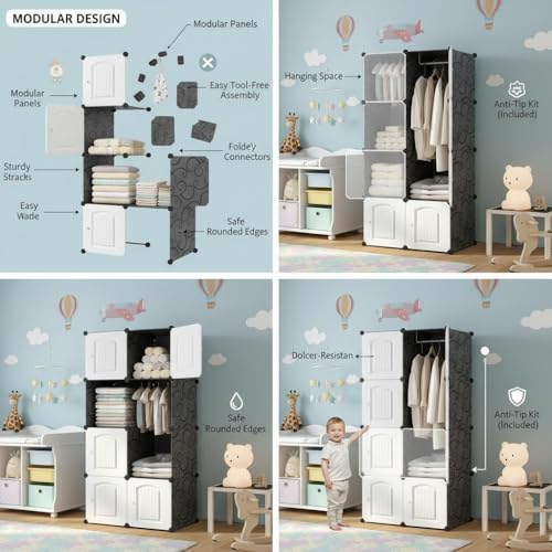 Image of EXVITO Collapsible Wardrobe Storage Cabinet | 8 Door Plastic Modular Clothes Organizer for Kids | Foldable Wardrobe Storage Rack with Hanging Space | Multi-Purpose Kids Closet Organizer - White