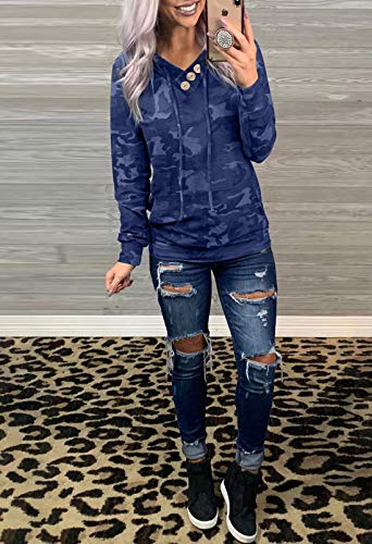 Dokotoo Casual Camo Hoodies For Women Long Sleeve Sweatshirts Drawstring V-Neck Pullover Loose Tops Shirts With Kangroo Pocket 2021 Fashion Fall Hooded Sweatshirt Blue Medium #TOP3