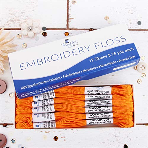Image of 12 Skeins ThreadArt Cotton Embroidery Floss, Tangerine | Long fiber cotton embroidery floss for cross stitch, hand embroidery and bracelets. Six-strand floss separates easily.