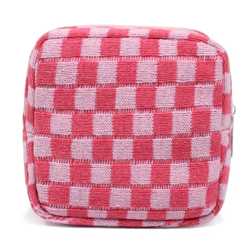 FFpaw Small Pink Makeup Bag for Purse Mini Checkered Cosmetic Bag Zipper Cute Make Up Pouch Travel Toiletry Case Quilted Aesthetic Accessories Makeup Storage Bag Organizer for Women Girls