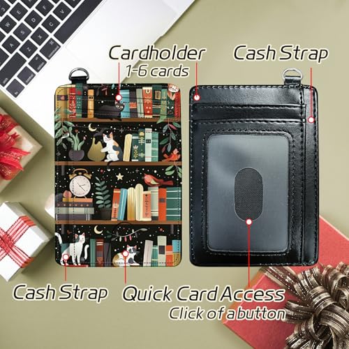Image of Small Travel Wallets, Cats Library Slim Minimalist Front Pocket Wallet with Wristlet, RFID Blocking PU Leather Credit Card Holder with ID Window Change Purse for Men Women