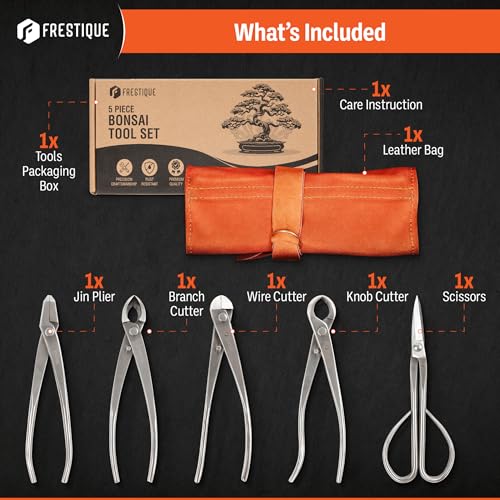 Frestique BTSS01 Bonsai Tool Set - 5-Piece Stainless Steel Bonsai Tools With Genuine Leather Case, Bonsai Scissors, Branch Cutter, Wire Cutter, Jin Plier, Knob Cutter thumb #2
