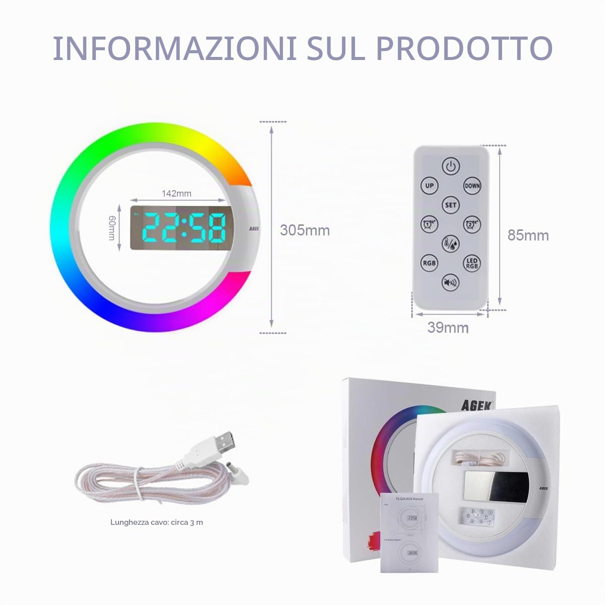 Grande orologio da parete digitale a LED, sveglia da parete rotonda da 12 pollici con telecomando Luce notturna RGB Temperatura per soggiorno, camera da letto, casa, ufficio