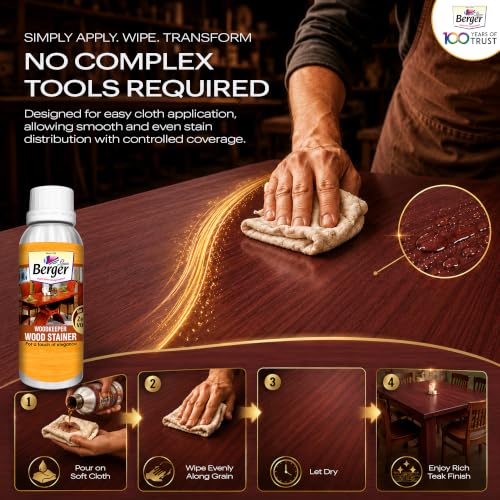 Image of Berger Wood Keeper Mahogany Wood Stain with Leakproof Bottle & Easy Cloth Application Transparent Solvent-Based Stainer for Home Office Furniture Surfaces Shine and Finish (Pack of 1, 500ml)