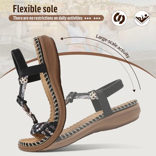 Image of Littleplum Women Sandals Arch Support Handmade Bohemian Braided Flat Sandals Comfort Walking Beach Ankle Elastic Summer Shoes