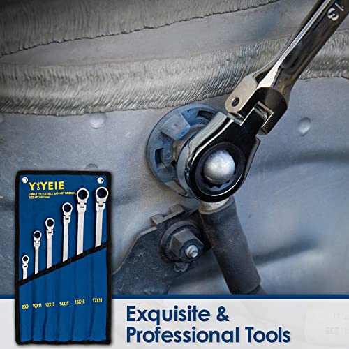 Yiyeie 6 Pcs Extra Long Flex Head Ratcheting Wrench Set, Metric Long Wrench 8Mm - 19Mm, 72-Tooth Double Box End Wrenches, Chrome Vanadium Steel With Mirror Polish Finish, Rolling Pouch #TOP6