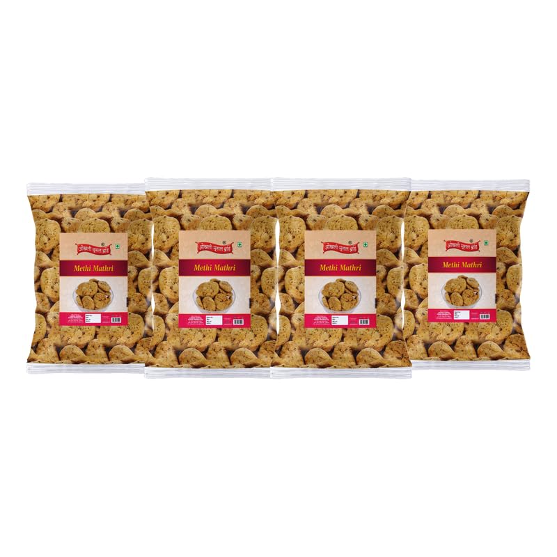 Image of OKHLI MUSAL BRAND Ready to Eat Evening Tea Time Snacks Whole Wheat Ajwain Methi Mathris Wheat Mathri | Healthy | Crispy Indian Namkeen Sweet Snacks | Made In Healthy Ground Peanut Oil-850g*4Pack