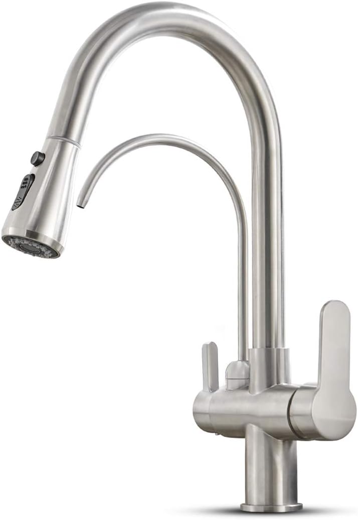 MENATT Filter Kitchen Faucet with Drinking Water Faucet, High Arc Pull Down 3-Way Kitchen Faucet, 3 in 1 Sink Cold and Hot Mixer Tap (Brushed Nickel)