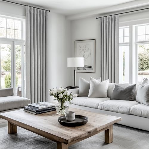 Image of Gray Pinch Pleated 96 Inch Curtains 2 Panel Set for Living Room, Neutral Heavy Linen Blackout Window Drapes Insulated Privacy with Hooks Rings 8 FT Length Sliding Glass Door Viral Burg(40 inchWx96 inchL Grey)