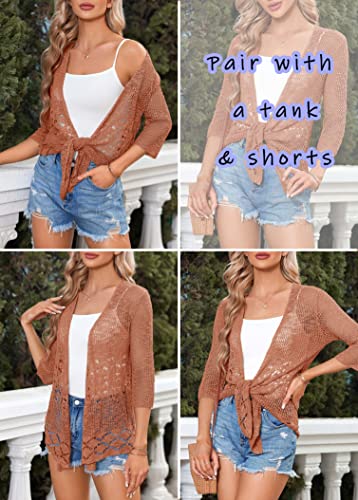 Image of Nulibenna Womens Sheer Shrug Sweaters 3 /4 Sleeve Open Front Tie Cardigan Bolero Jacket Lightweight Crochet Knit Cover Up Tops