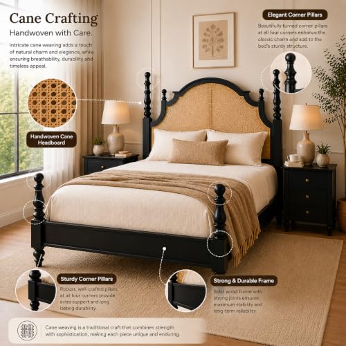 Image of Solid Sheesham Wood Poster King Size Poster Honeymoon Bed Without Storage with Designer Piller and Cane Crafting