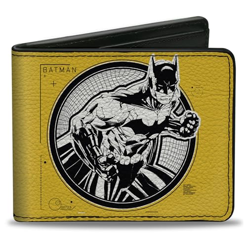 Buckle-Down Men's DC Comics Wallet, Bifold, Batman Tech Action Pose Bat Logo Yellow Black White, Vegan Leather, 4.0