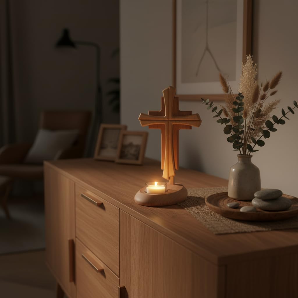 Modernes Echtholz Kreuz mit Kerzenhalter – 25 cm Standkreuz aus Buche & Ahorn – Christliche Geschenkidee zur Kommunion, Taufe, Firmung & Weihnachten